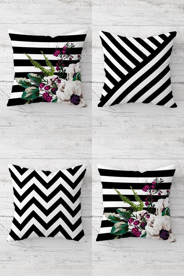 Geometric Lines And Flower Hidden Zippered Throw Pillow Cover Seat Pillow Cover Set(4pcs)