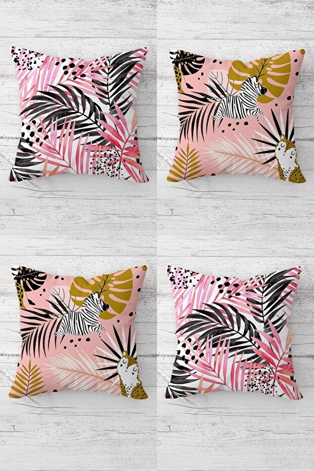 Zebra and Tropical Leaf Patterned Concealed Zippered Throw Pillow Cover Sofa Pillow Cover Set (4pcs)