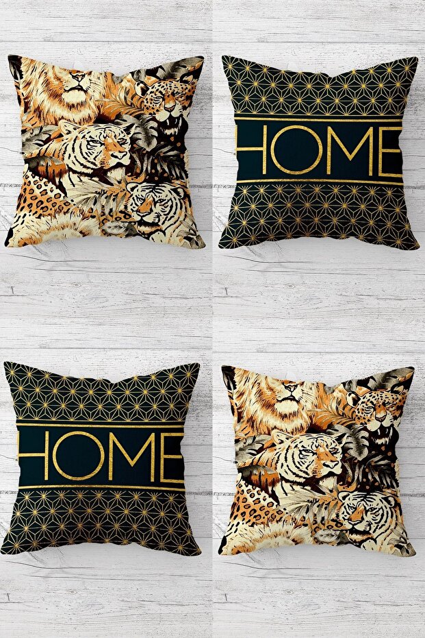 Lion Leopard Pattern Home Hidden Zippered Throw Pillow Cover Sofa Pillow Cover Set (4pcs)