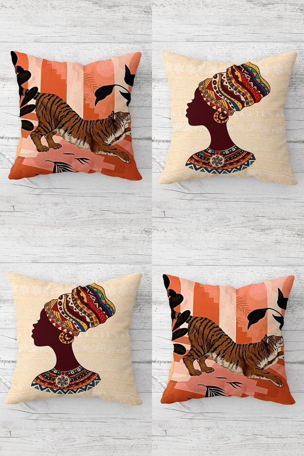 Leopard Pattern African Black Women's Concealed Zippered Throw Pillow Cover Seat Pillow Cover Set4pcs