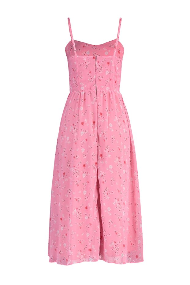 Pembe Çiçekli Şifon Skater/Belden Açılan Askılı Midi Astarlı Dokuma Elbise TWOSS22EL2587 - 7