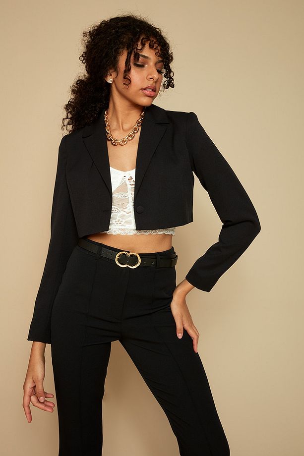 Kadın Siyah Tek Düğme Kapamalı Crop Blazer Ceket - 5