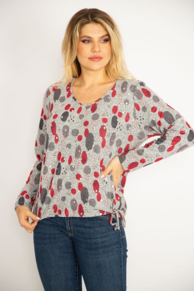 Women's Large Size Gray Glitter Printed Blouse with Tied Hem 65n34849 - 2