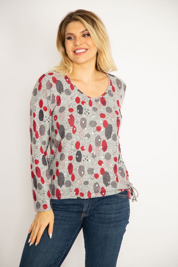 Women's Large Size Gray Glitter Printed Blouse with Tied Hem 65n34849 - 4