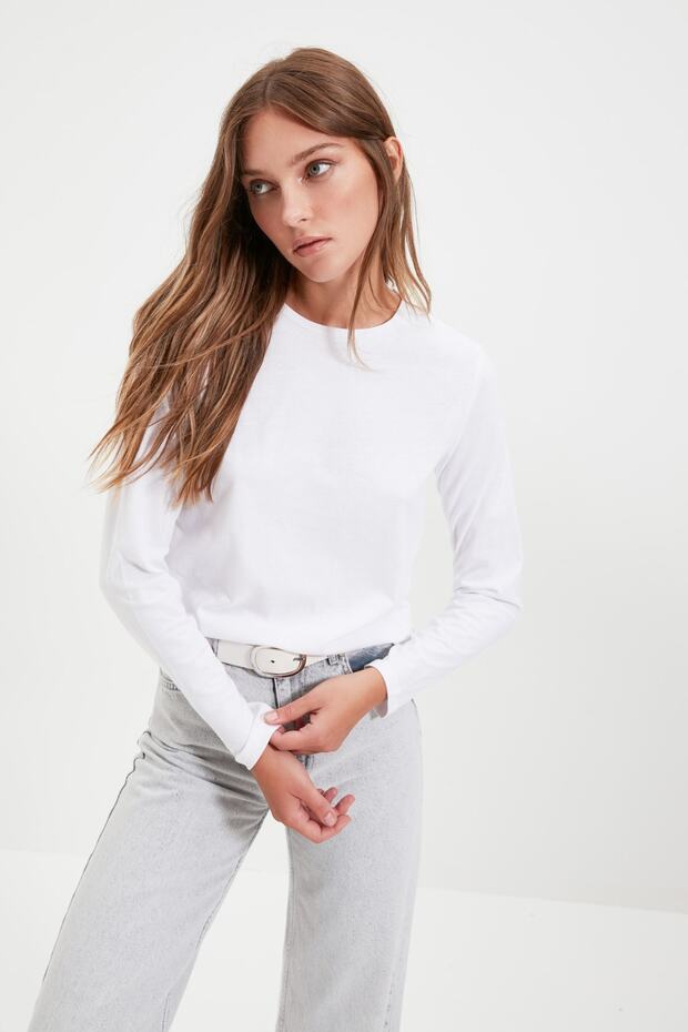 Beyaz %100 Pamuk Uzun Kollu Bisiklet Yaka Regular/Normal Kalıp Basic Örme T-Shirt TWOAW21TS0098 - 11