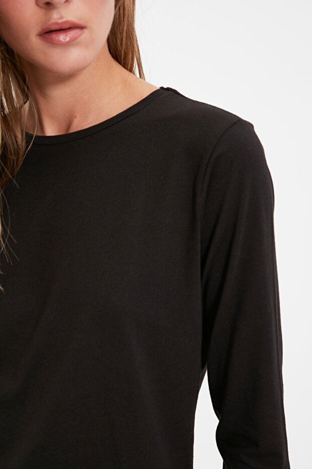 Siyah %100 Pamuk Uzun Kollu Bisiklet Yaka Regular/Normal Kalıp Basic Örme T-Shirt TWOAW21TS0098 - 2