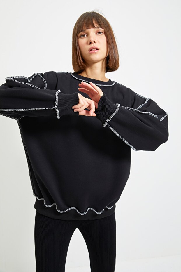 Czarny oversize/szeroki wzór kardigan szyty gruby polar dzianinowy sweter TWOAW22SW0267 - 4