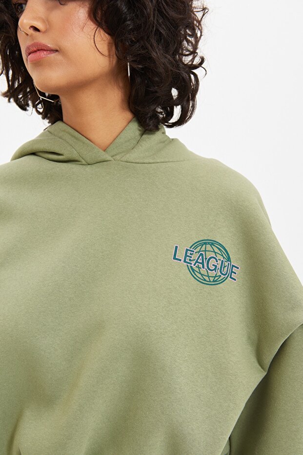 Mint Sırt Baskı Detaylı Kapüşonlu Kalın İçi Polarlı Örme Sweatshirt TWOAW22SW0711 - 6