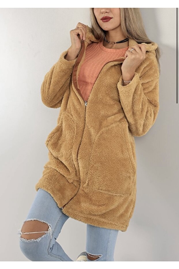 Palton moale cu glugă Camel