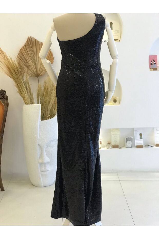 Siyah Pullu Tek Omuz Uzun Abiye Elbise - 6