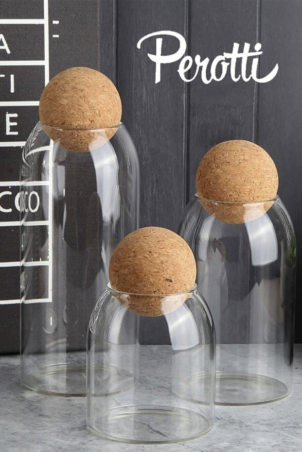 Sughero 3-Piece Ball Glass Jar with Cork Lid and Spice Bowl Set