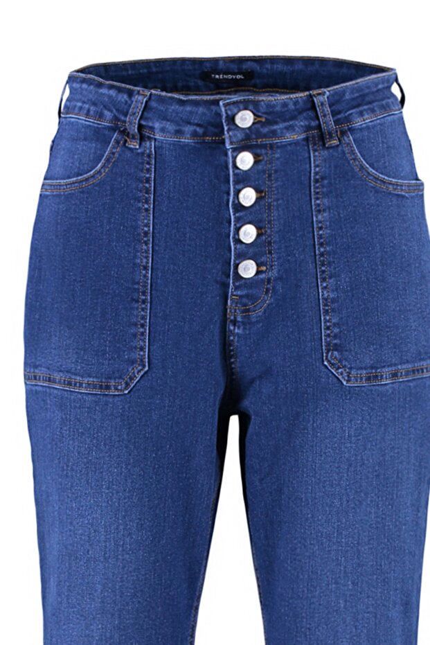 Koyu Mavi Yüksek Bel Comfort İspanyol Paça Flare Fit Jean TBBAW23CJ00033 - 8