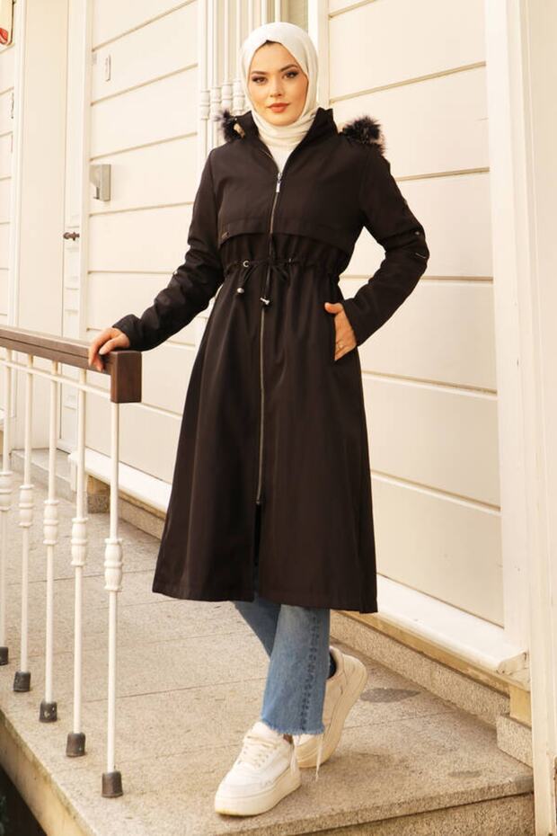 Sleeves Studded Tunnel Belted Hijab Coat Black