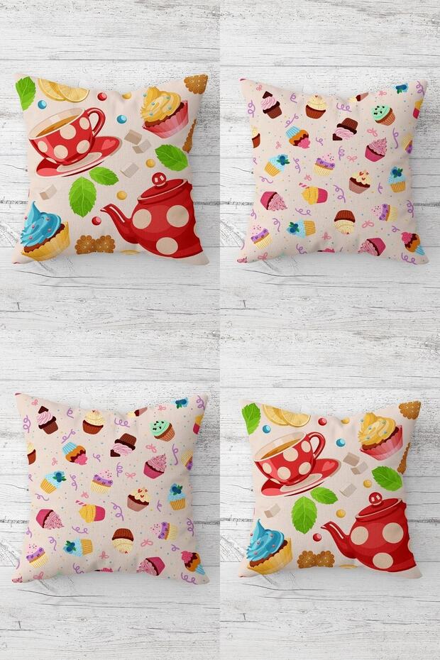 Cup Cupcake Patterned Hidden Zippered Throw Pillow Cover Sofa Pillow Cover Set (4 Pieces)
