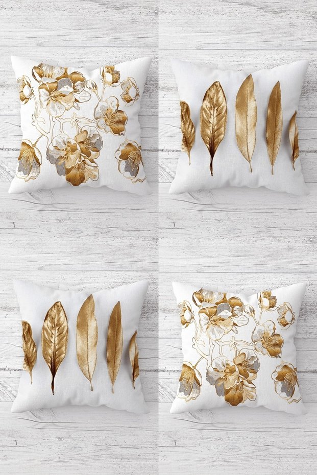 Gold Flower and Feather Patterned Hidden Zippered Throw Pillow Cover Sofa Pillow Cover Set (4pcs)