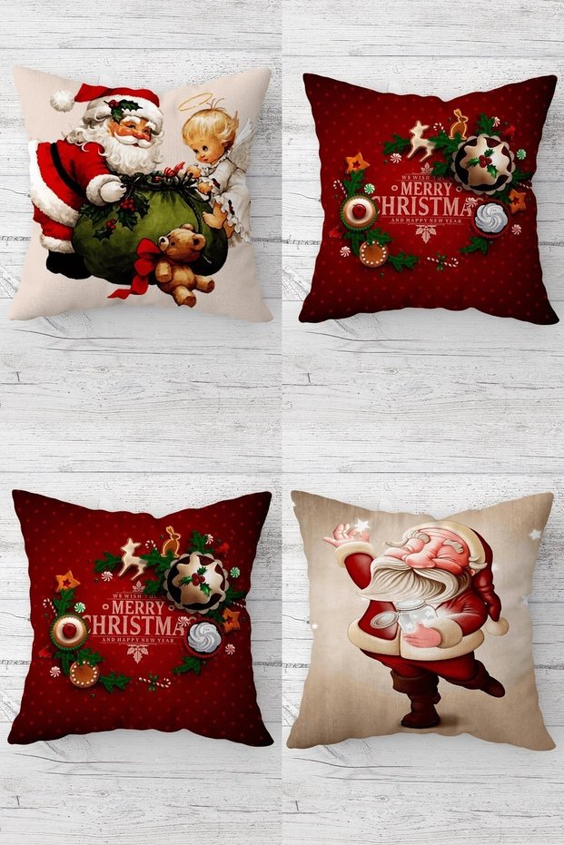 Santa Claus Christmas New Year Hidden Zippered Throw Pillow Cover Seat Pillow Cover Set (4pcs)