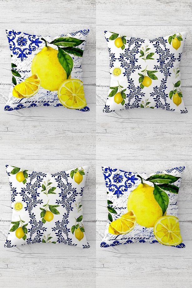 Limon Ve Limon Çiçekleri Desenli Gizli Fermuarlı Kırlent Kılıfı Koltuk Yastık Kılıfı Takım(4adet) - 1