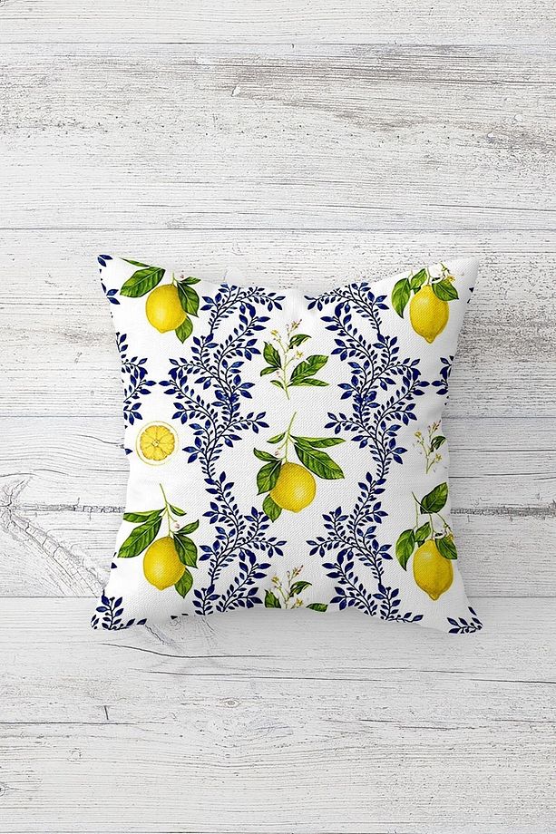Limon Ve Limon Çiçekleri Desenli Gizli Fermuarlı Kırlent Kılıfı Koltuk Yastık Kılıfı Takım(4adet) - 3