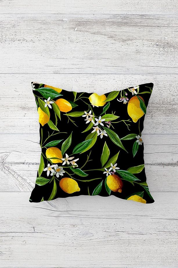 Limon Ve Limon Çiçekleri Desenli Gizli Fermuarlı Kırlent Kılıfı Koltuk Yastık Kılıfı Takım(4adet) - 3