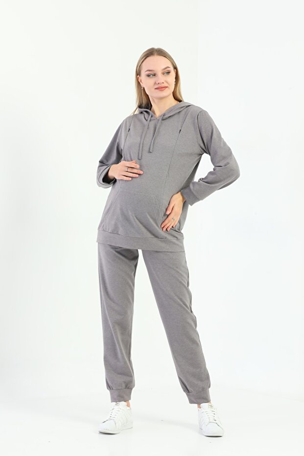 Gray Hooded Maternity and Maternity Tracksuit Set