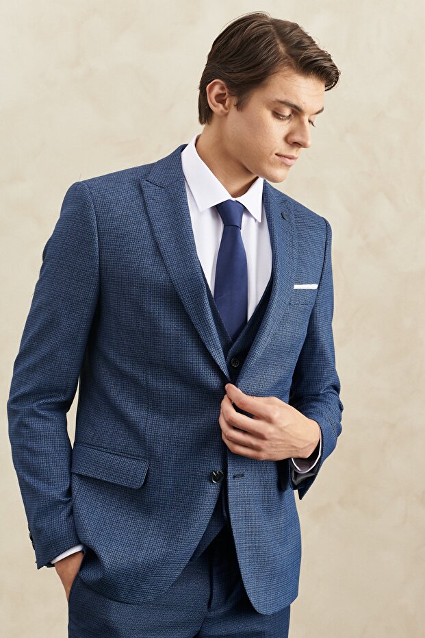 Men's Navy Blue Slim Fit Slim Fit Swallow Collar Classic Suit with Dobby Vest