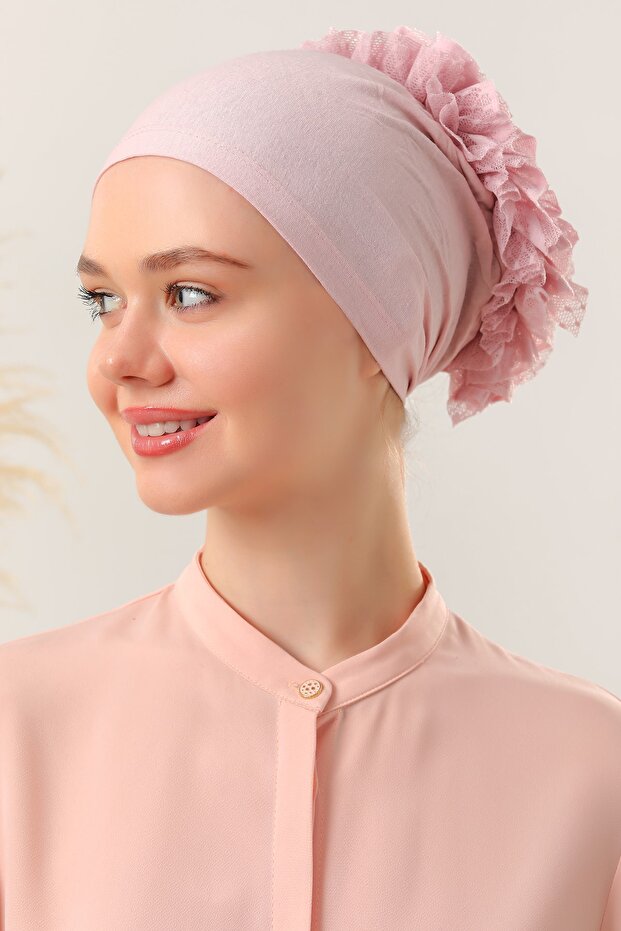 Women's Hijab Ruffled Stitched Bonnet Powder