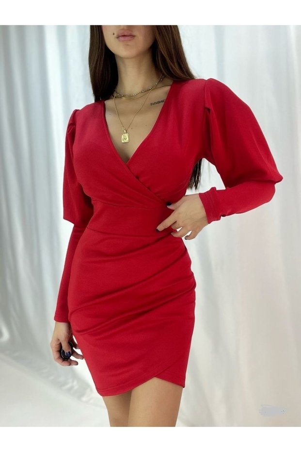 Flexible Red Fabric Asymmetric Cut Double Breasted Neck Mini Dress Evening Dress 581957 650