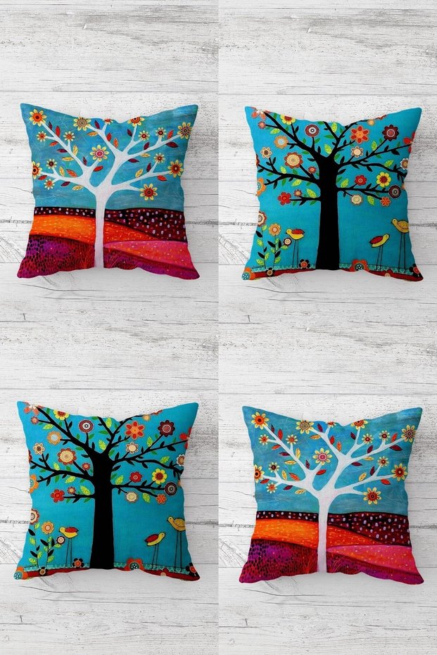 Spring Branch Flowers Birds Patterned Hidden Zippered Throw Pillow Cover Sofa Pillow Cover Set (4pcs)