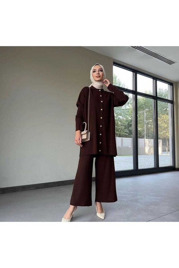 Wonderful Women's Color Buttoned Front Shirt Collar Trousers and Tunic Corded Knitwear Set