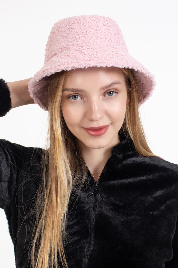 Women's Winter Hat Curly Plush Fabric Bucket Model Powder