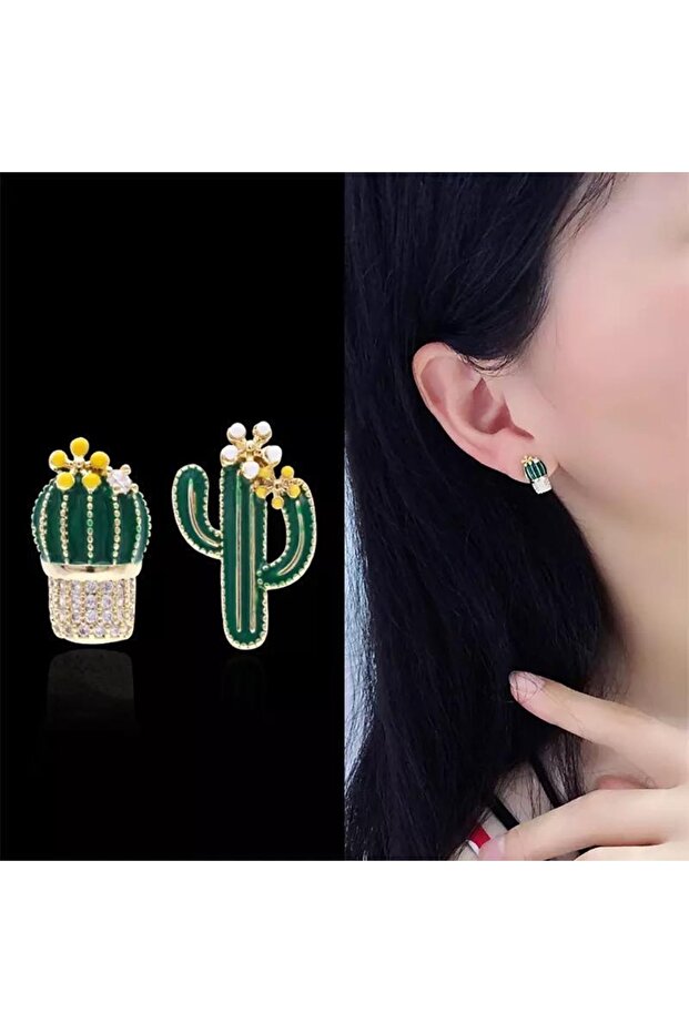 Women's Green Color Cactus Figured Nails Earrings