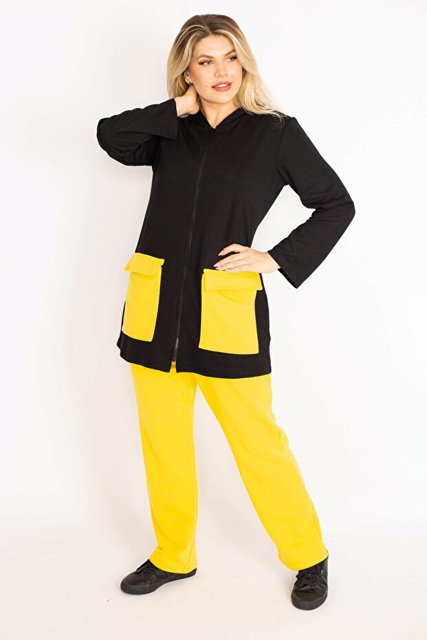 Women's Large Size Yellow Pocket Combination Hooded Front Zipper Sweatshirt Trousers Set 65n34904