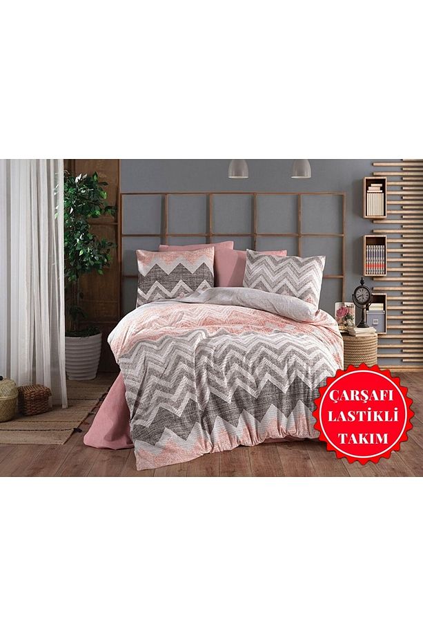 Genç Odası Tek Kişilik Lastikli Çarşaflı Nevresim Takımı Zigzag Desen - 1