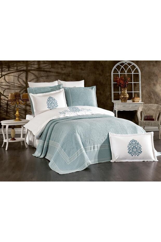 Pandora Jacquard Embroidered Cotton Duvet Cover Aqua Green Bridal Set 9 Pieces - 1196