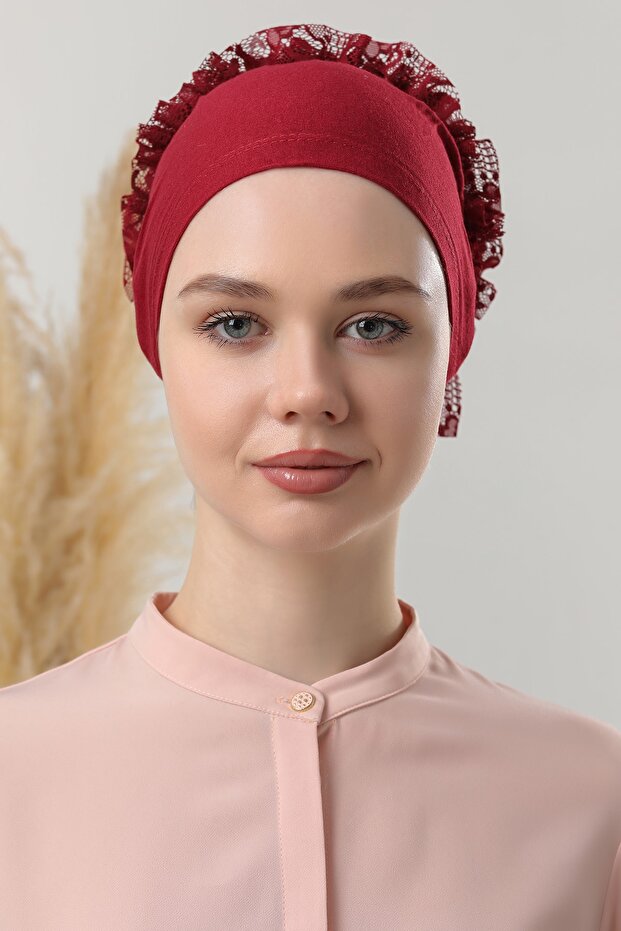 Women's Hijab Ruffled Front Stitched Bonnet Burgundy