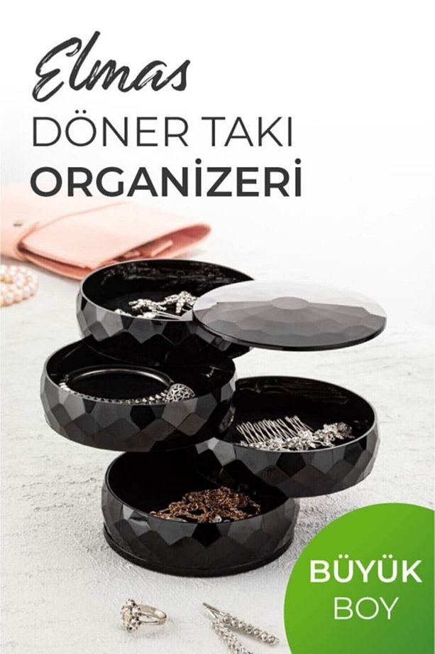 Elmas 4 Katlı Döner Takı Organizeri Büyük Boy Takı Saklama Kutusu Siyah - 1