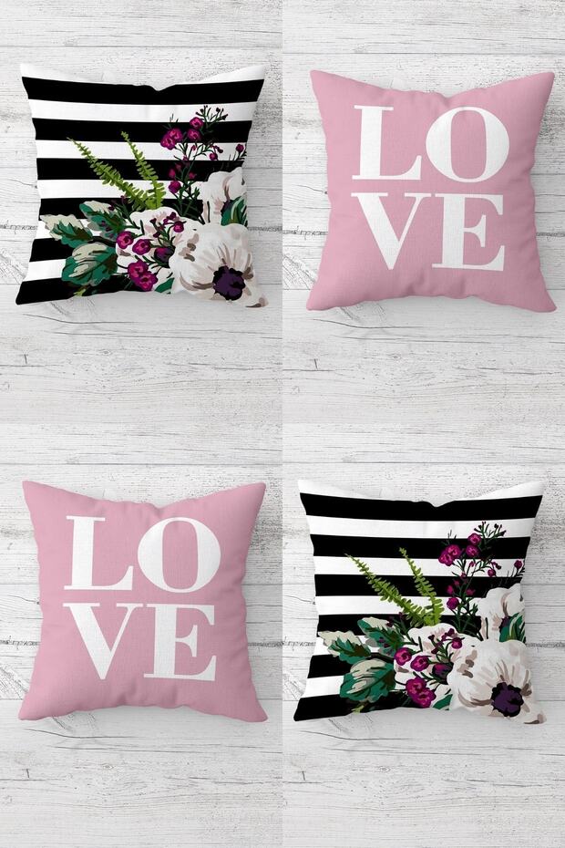 Love Written and Floral Combination Hidden Zippered Throw Pillow Cover Sofa Pillow Cover Set (4 Pieces)