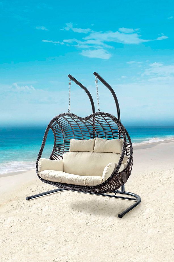 Pop Çift Kişilik Rattan Salıncak Kahve Krem Oturum - 1