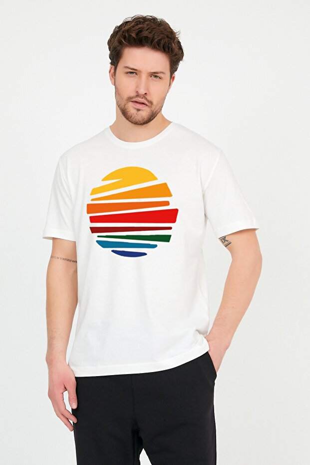Ecru Men's Oversize T-shirt - Crew Neck, Sun Printed