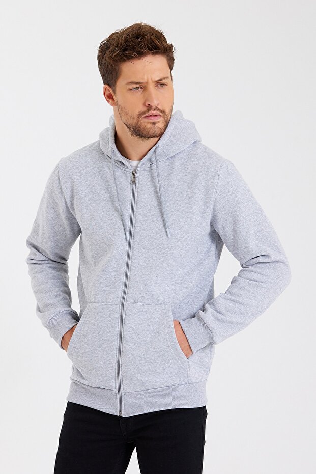 Gray Kangaroo Pocket Hooded Zippered Cotton Men's Sweatshirt