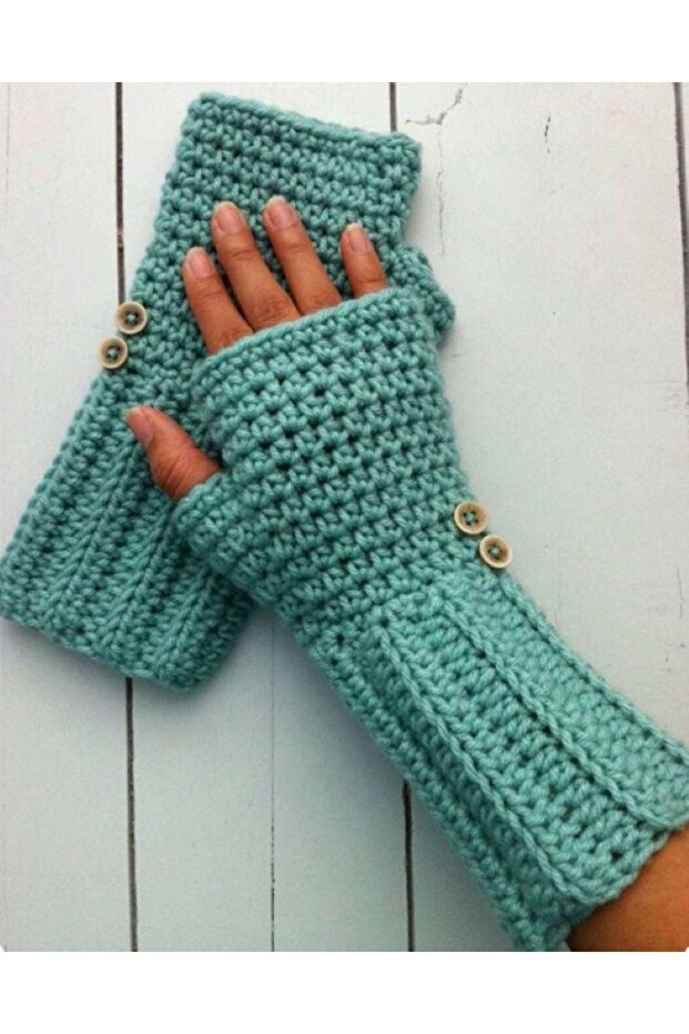 Blue Color Button Detailed Women's Gloves