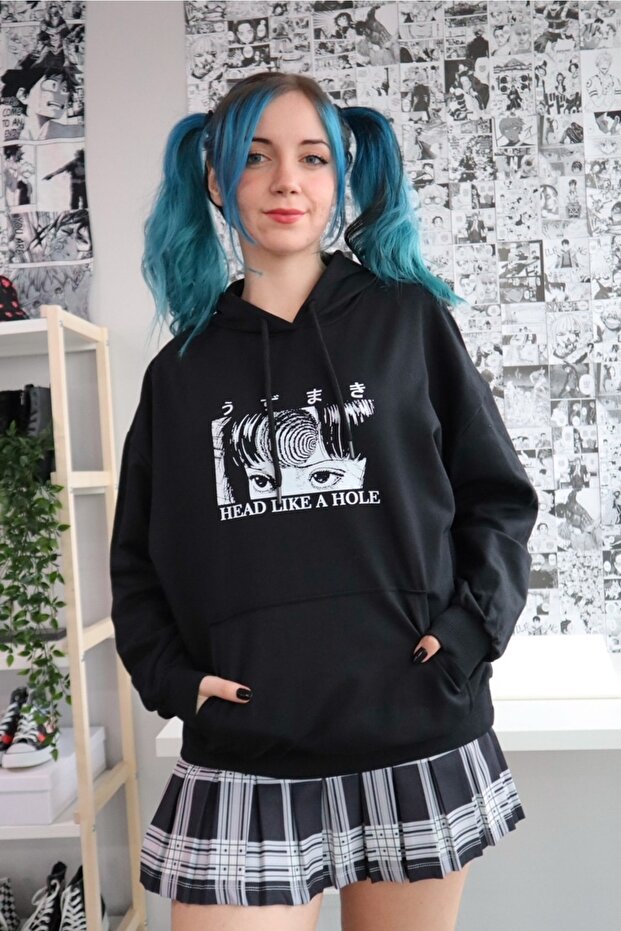 Black Hooded A-Line Head Like Hole Sweatshirt