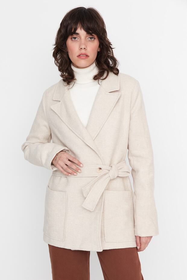 Stone Belted Button Closure Stamp Coat TWOAW23KB00126 - 2