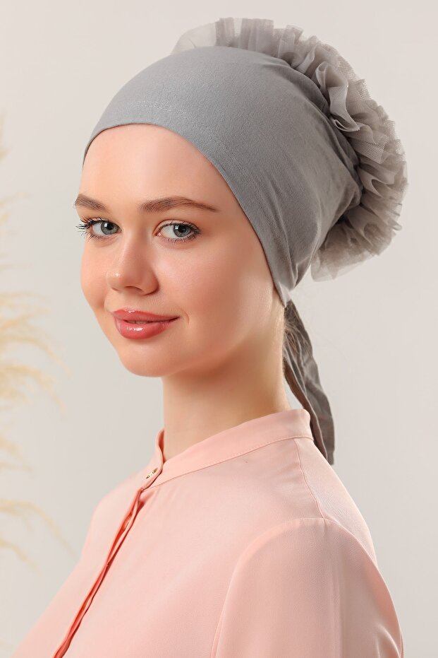Women's Hijab Ruffled Stitched Bonnet Gray