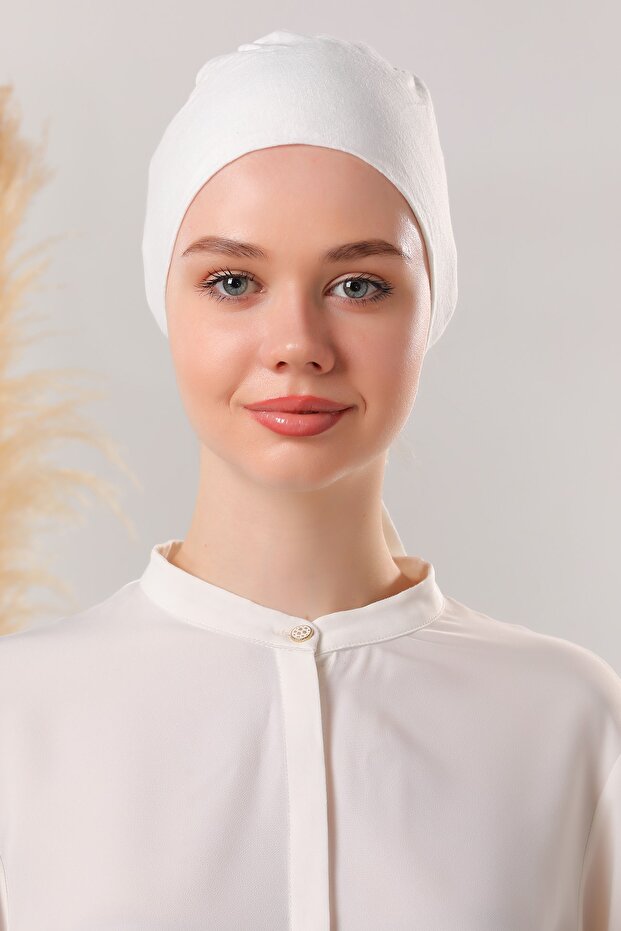 Women's Hijab Stitched Set Bonnet Ecru 3 Pieces Tieable Combed Cotton Bonnet
