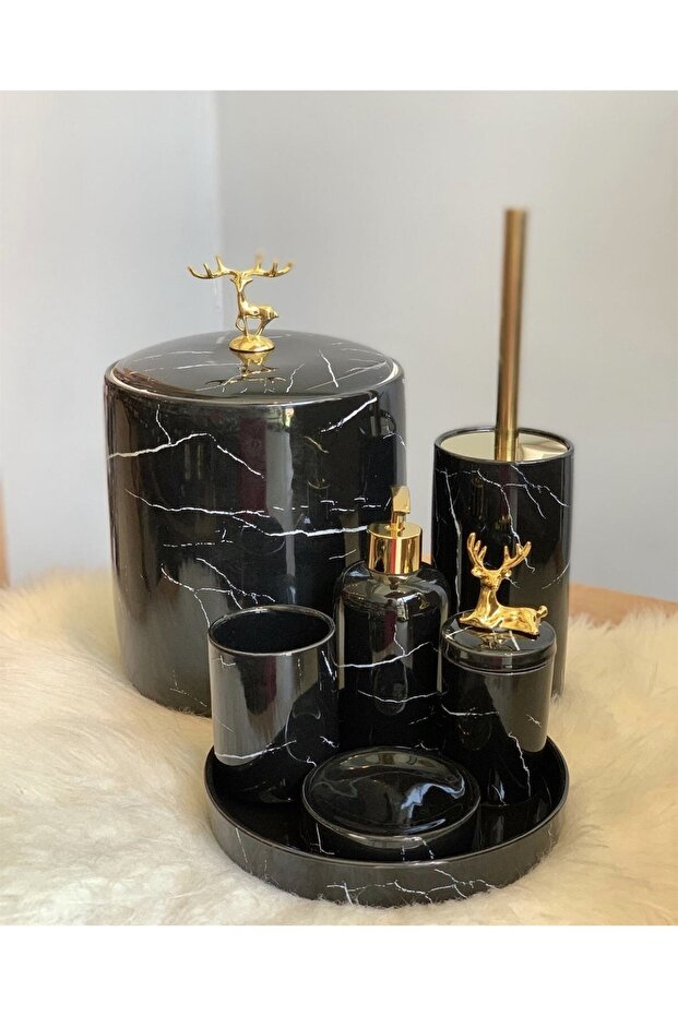 7 Piece Porcelain Deer Bathroom Set Black