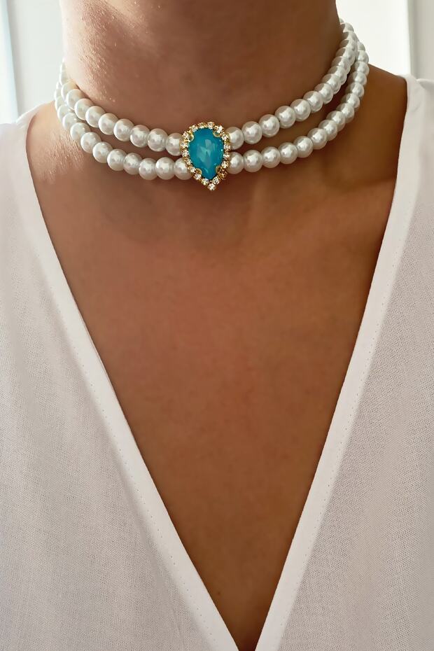 Drop Crystal Glass Pearl Choker Necklace