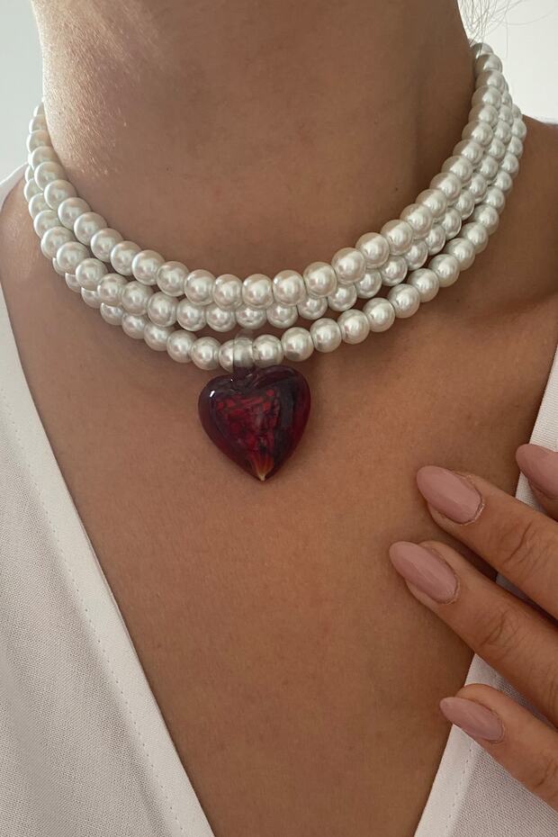 Kalp Uçlu Üç Sıralı Inci Kolye - 3