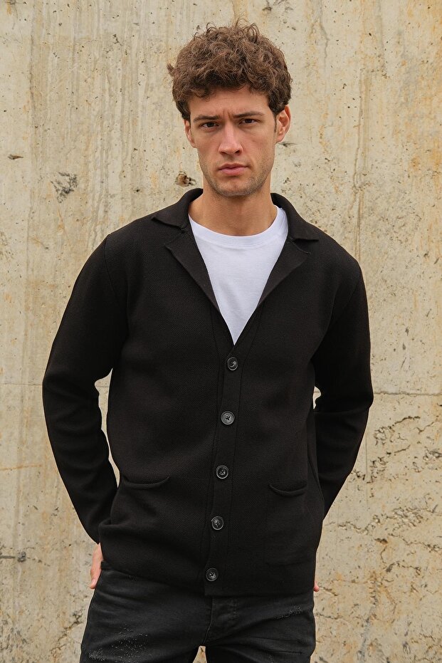 Men's Double Breasted Collar Buttoned Pocket Knitwear Cardigan Black 23w220