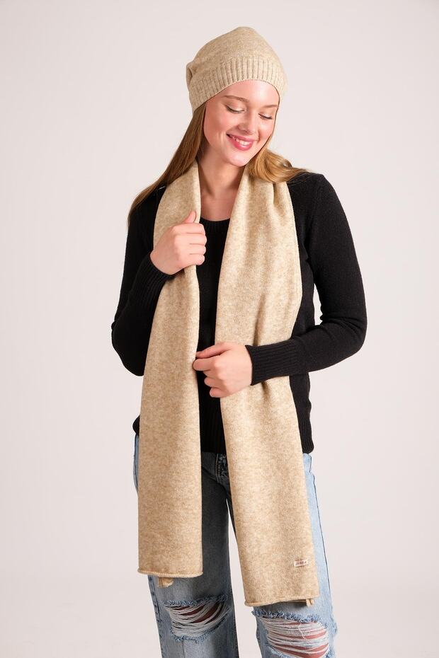 Women's Melange Soft Button Scarf Beanie Set Beige 23w505